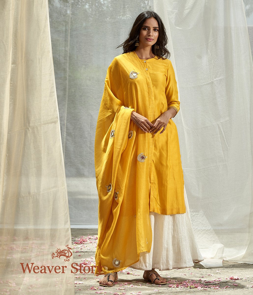 Handwoven_Yellow_Chanderi_Kurta_and_Skirt_with_Mirror_Work_Dupatta_WeaverStory_01