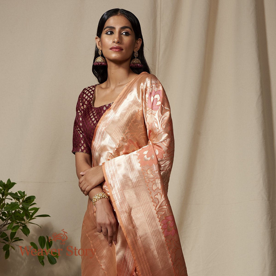 Handwoven_Peach_Floral_Zari_Jaal_Saree_with_Meenakari_WeaverStory_01