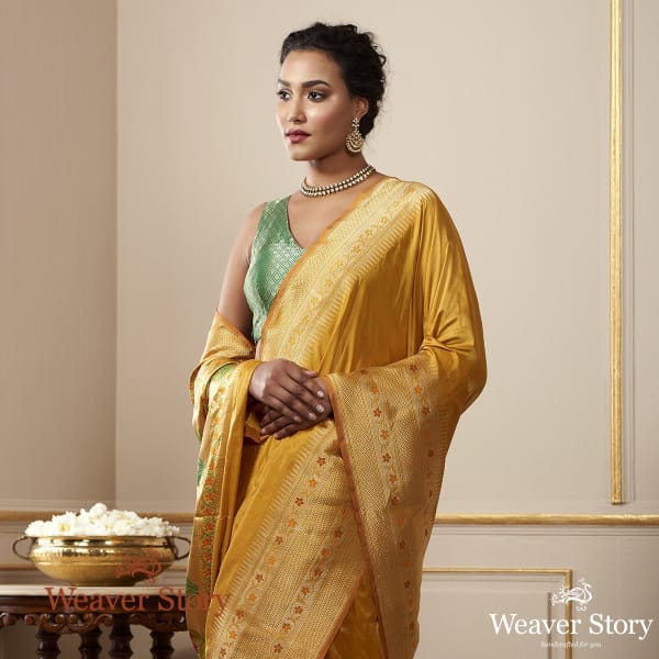 Handwoven_Yellow_Katan_Silk_Saree_with_Floral_Meenakari_Border_and_Pallu_WeaverStory_01