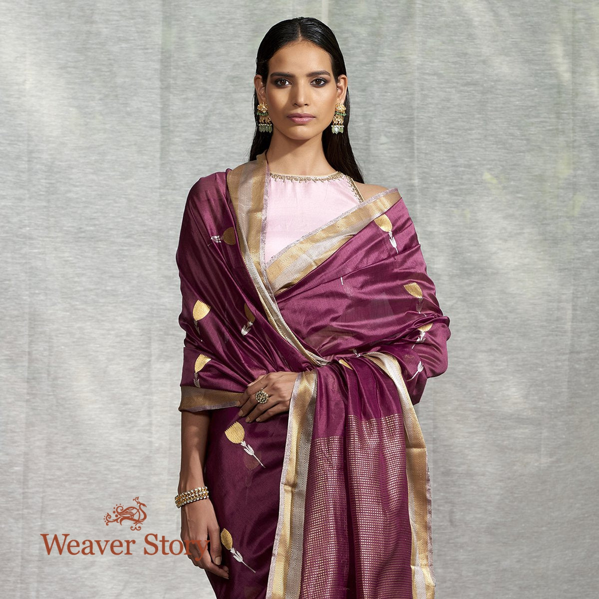 Handwoven_Wine_Floral_Boota_Saree_with_Gold_Silver_Chevron_Border_WeaverStory_01