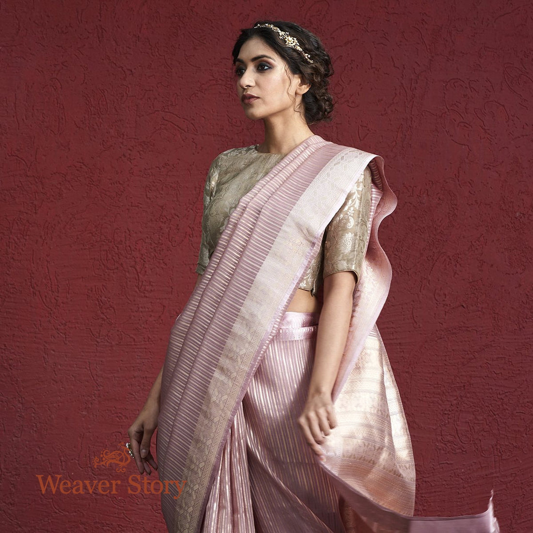 Handwoven_Soft_Mauve_Kora_Saree_with_Stripes_with_Satin_Border_WeaverStory_01