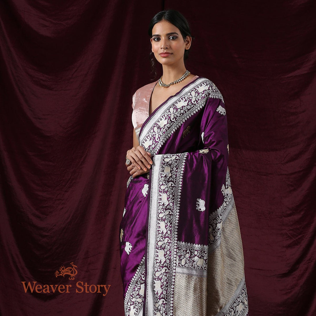 Handwoven_Purple_Elephant_Booti_Saree_with_Shikargah_Border_WeaverStory_01