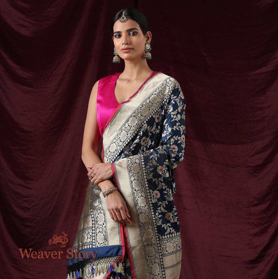 Handwoven_Blue_Kadhwa_Meenakari_Jangla_Saree_WeaverStory_01