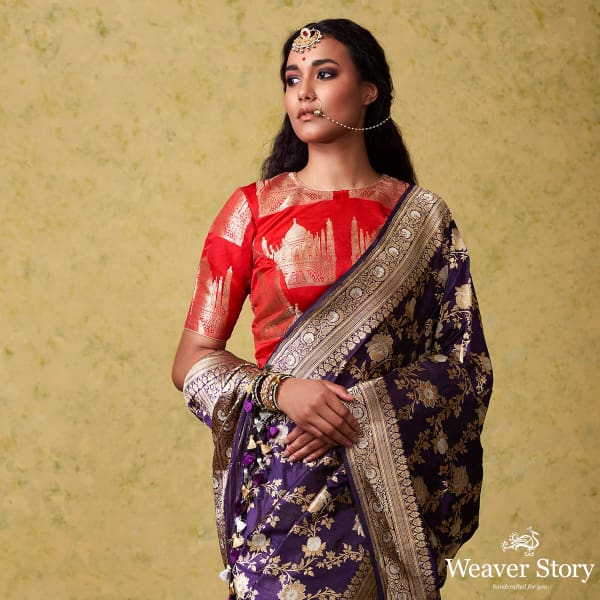 Handwoven_Dark_Purple_Kadhwa_Jangla_Saree_with_Meenakari_WeaverStory_01