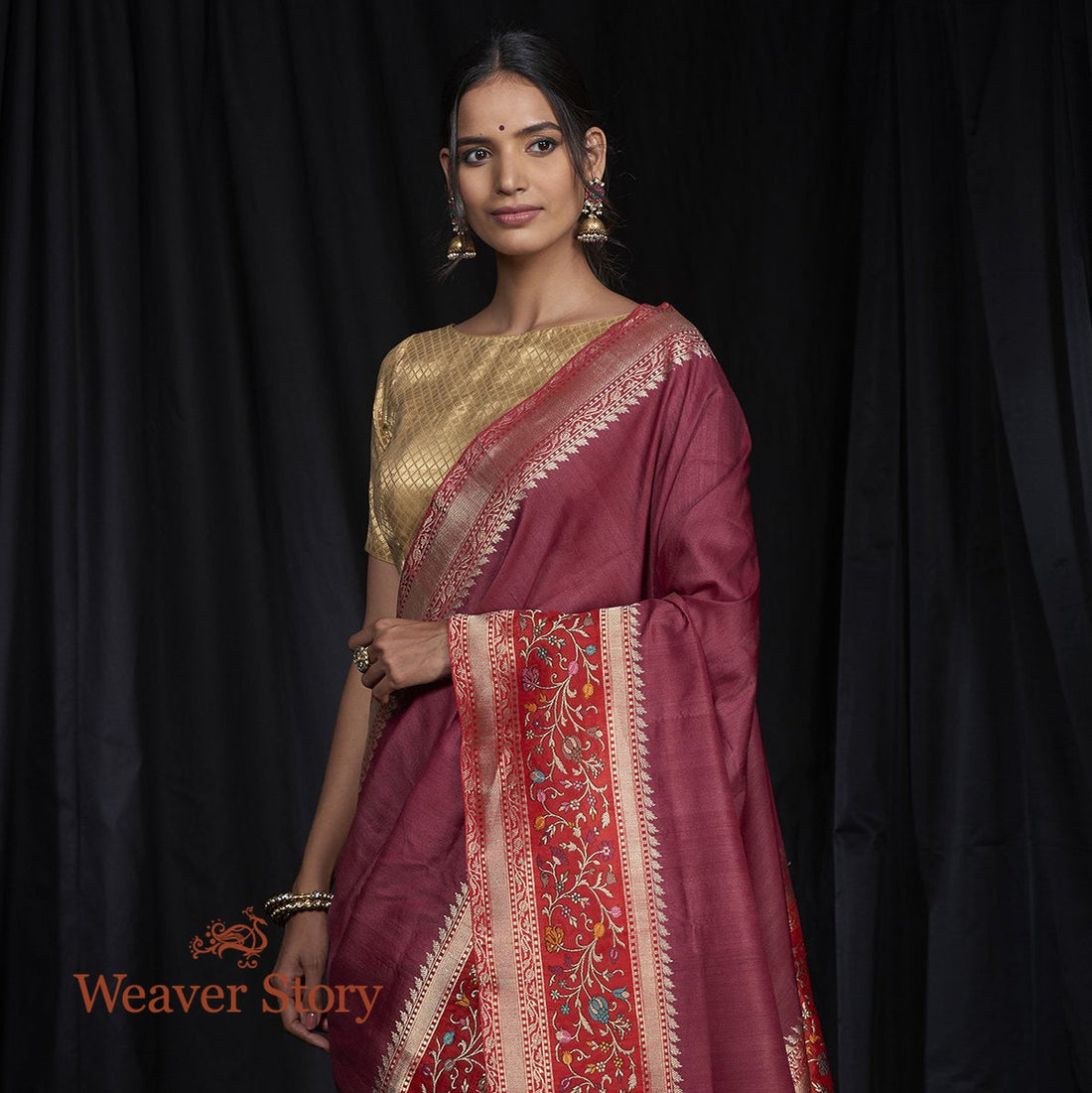 Handwoven_Wine_Tusser_Banarasi_Saree_with_Five_Color_Meenakari_Border_WeaverStory_01
