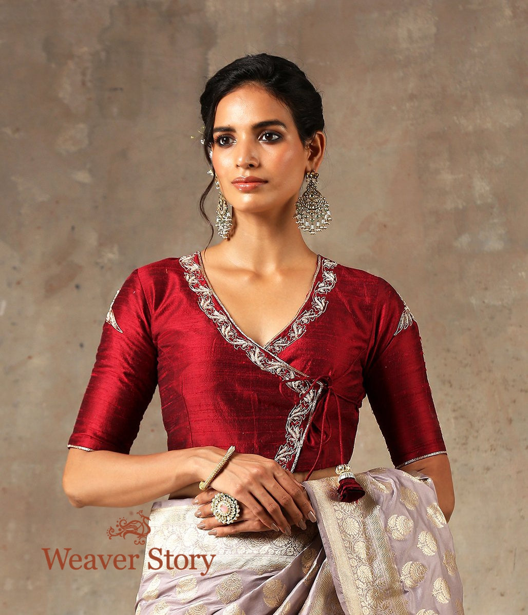 Maroon_Angrakha_Style_Blouse_in_Raw_Silk_with_Embroidery_WeaverStory_01