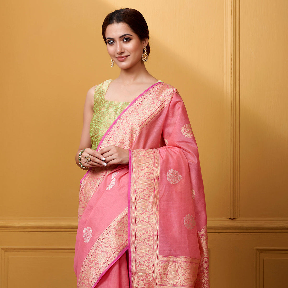 Handloom_Rose_Pink_Kora_Cotton_with_Kadhwa_Boota_WeaverStory_01