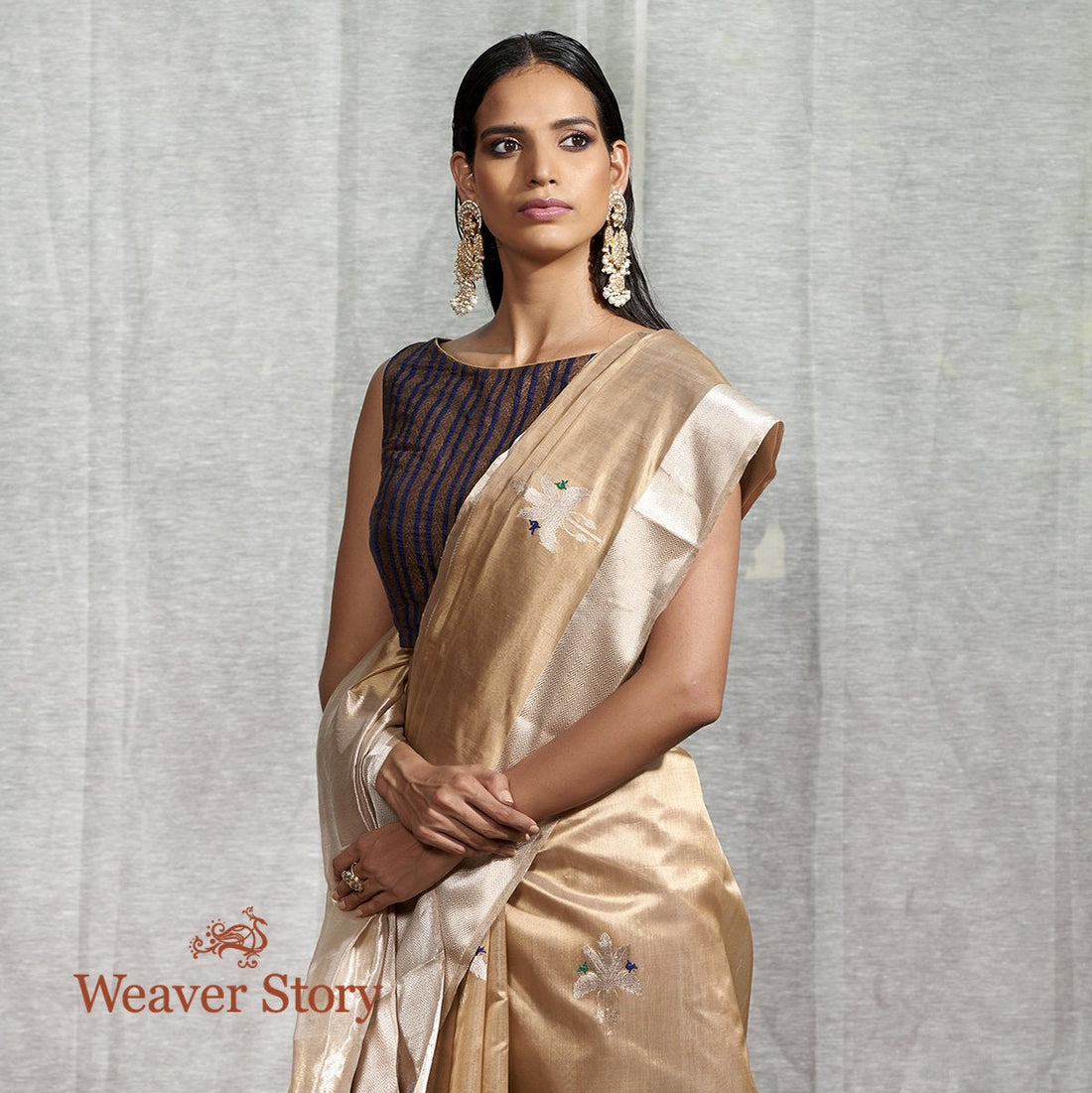 Handwoven_Beige_Silk_Chanderi_Saree_with_Birds_WeaverStory_01