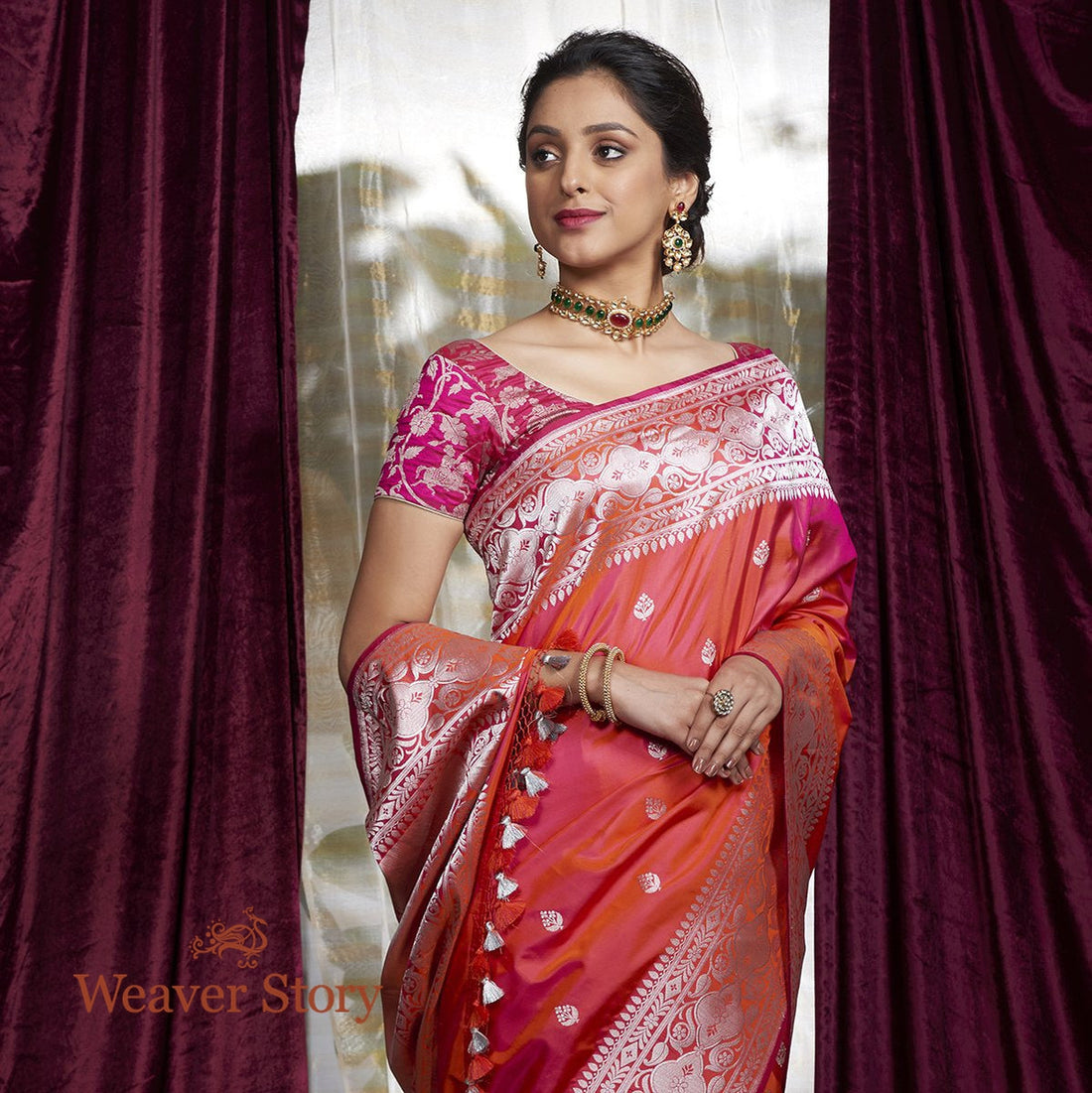 Handwoven_Orange_Pink_Kadhwa_Boota_Saree_with_Silver_Zari_WeaverStory_01