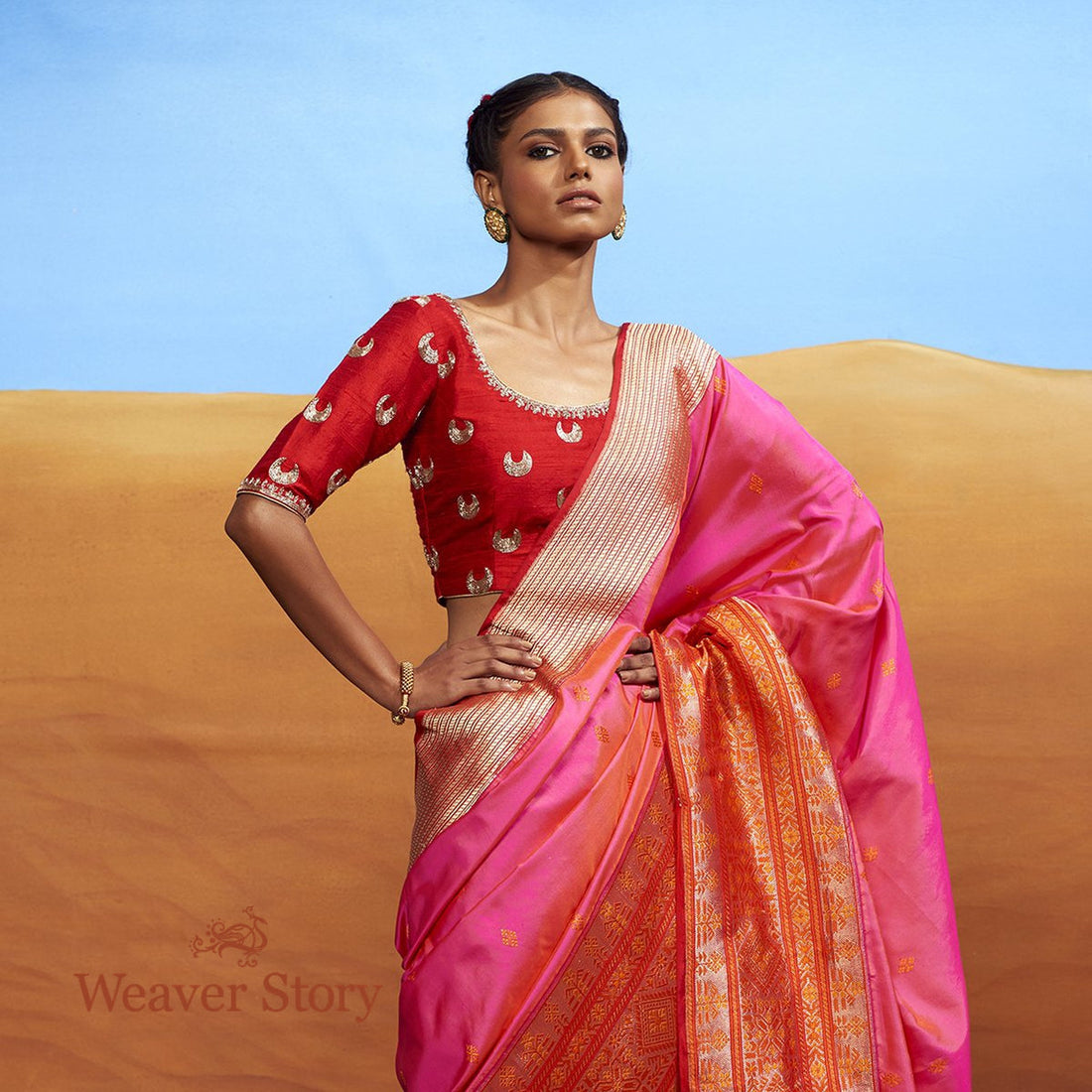 Handwoven_Pink_Ektara_Saree_with_Meenakari_Border_WeaverStory_01
