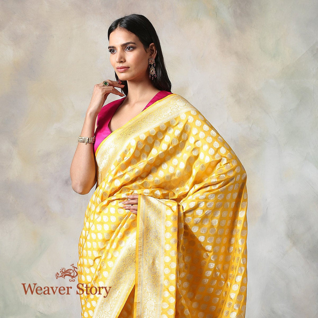 Handwoven_Yellow_Cutwork_Booti_Saree_WeaverStory_01