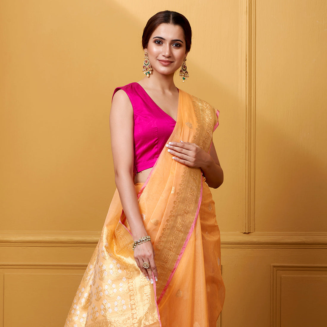 Handloom_Peach_Kora_Cotton_Saree_with_Kadhwa_Booti_WeaverStory_01