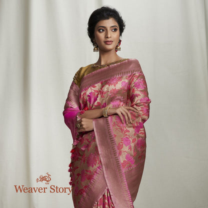 Handwoven_Copper_Zari_Base_Banarasi_Saree_with_Pink_Flowers_WeaverStory_01