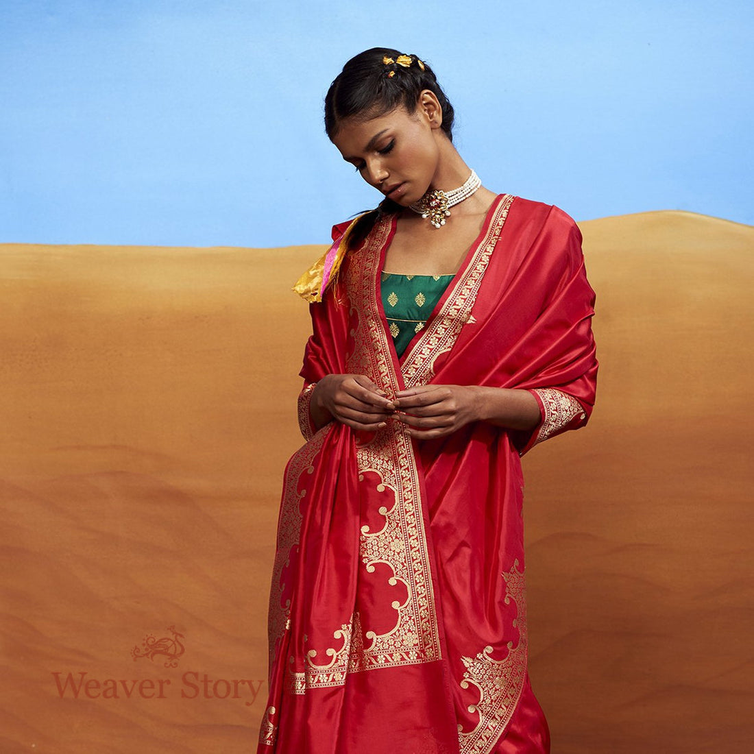 Handwoven_Red_Plain_Katan_Saree_with_Ornamental_Border_WeaverStory_01