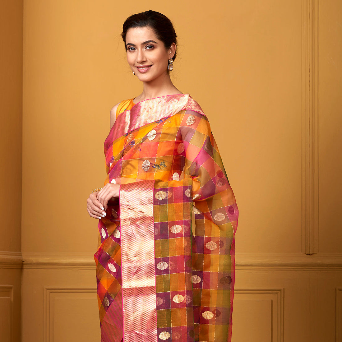 Handloom_Kora_Multi_Color_Checks_Saree_with_Gold_Zari_Boota_WeaverStory_01