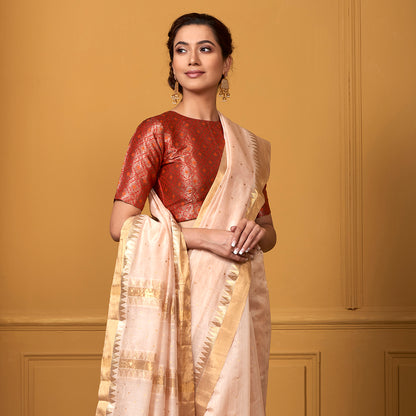 Handwoven_Peach_Small_Booti_Saree_with_Temple_Border_WeaverStory_01