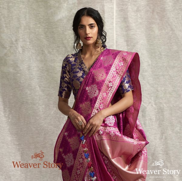 Handloom_Onion_Pink_Kadhwa_Booti_Saree_with_Gold_and_Silver_Zari_Booti_WeaverStory_01