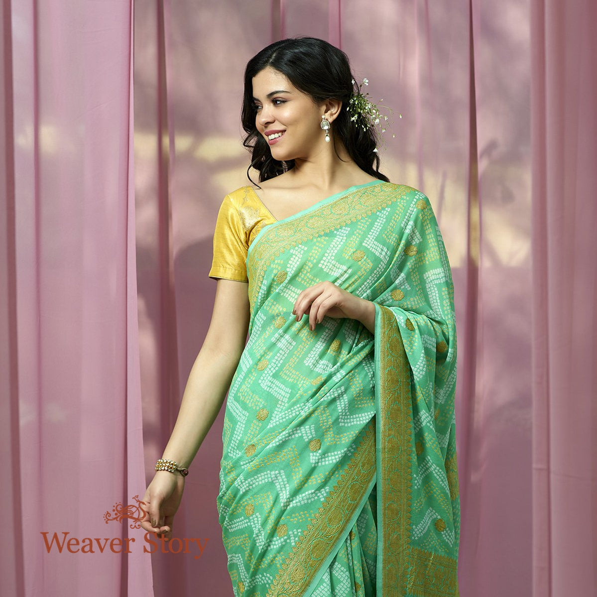 Shop Online Bandhej Green Faux Chiffon Bandhani Saree : 225760 -