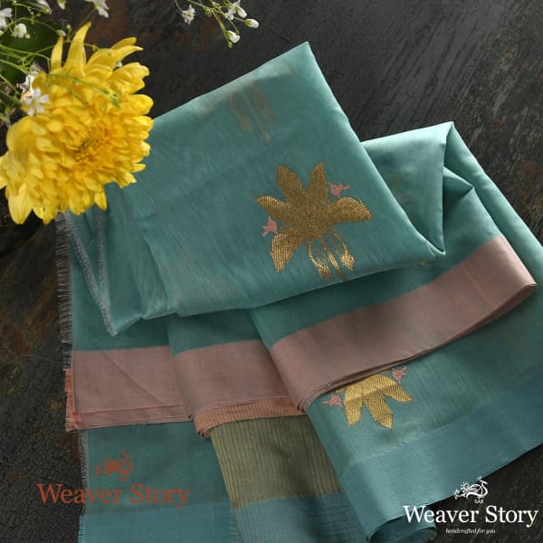 Handwoven_Blue_Cotton_Silk_Chanderi_Dupatta_with_Gold_Leaf_Motif_With_Birds_WeaverStory_01