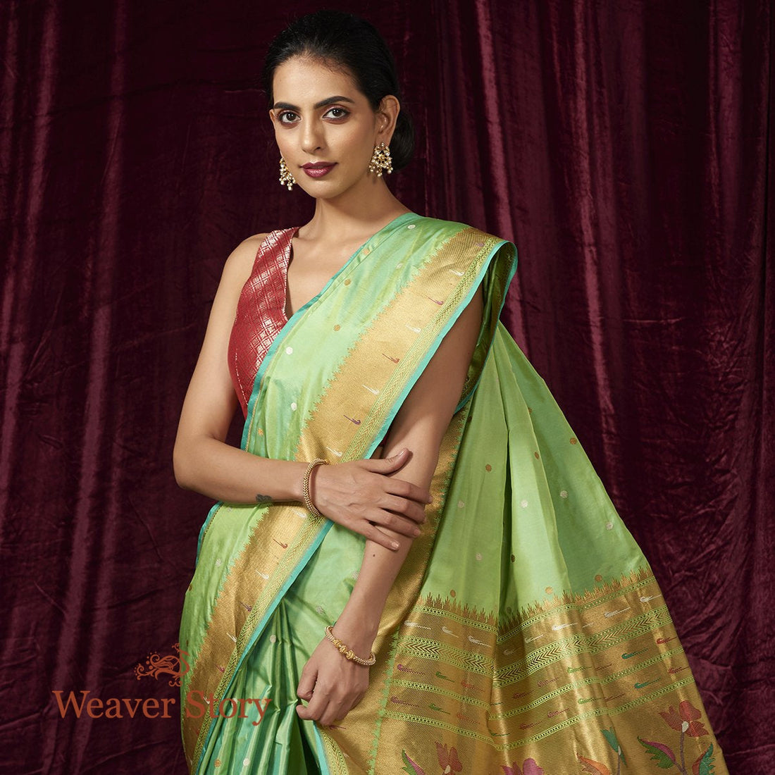 Handwoven_Light_Green_Katan_Silk_Saree_with_Paithani_Border_WeaverStory_01