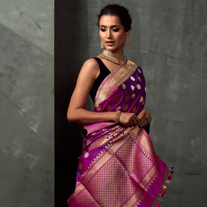 Handwoven_Purple_Pink_Saree_with_Gold_and_Silver_Polka_Booti_WeaverStory_01