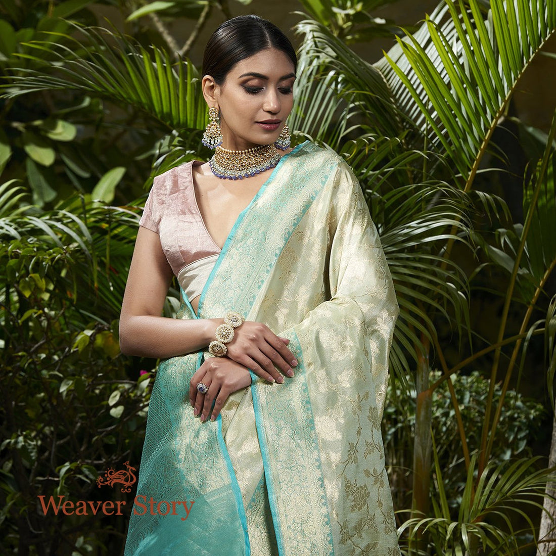 Handwoven_Pista_Green_and_Turquoise_Tissue_Jangla_Saree_WeaverStory_01