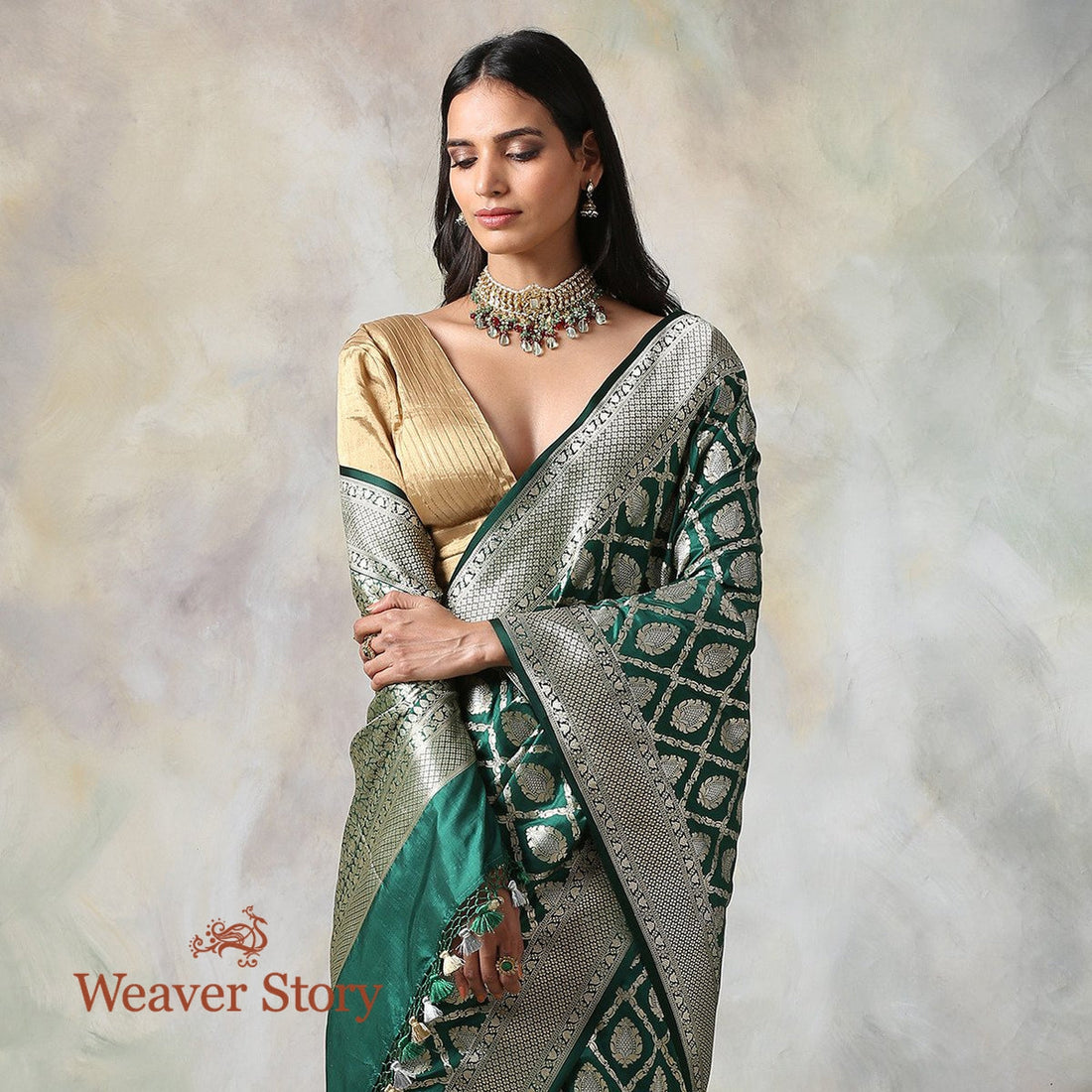 Handwoven_Green_Cutwork_Jangla_Saree_with_Brocade_Blouse_WeaverStory_01