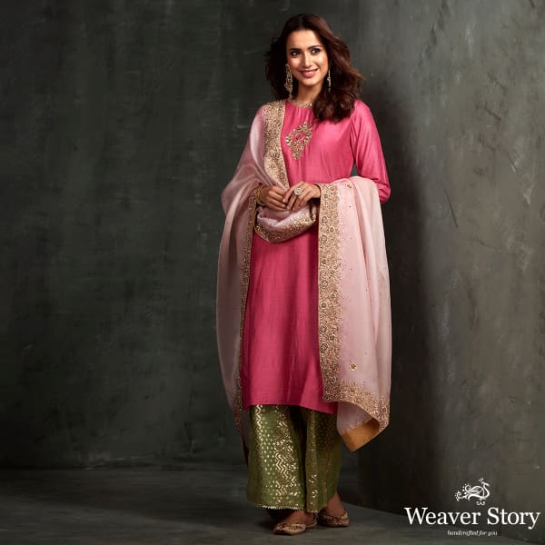 Hand_embroidered_munga_silk_kurta_with_zardozi_detailing_on_the_front_and_neck_and_sleeves_WeaverStory_01