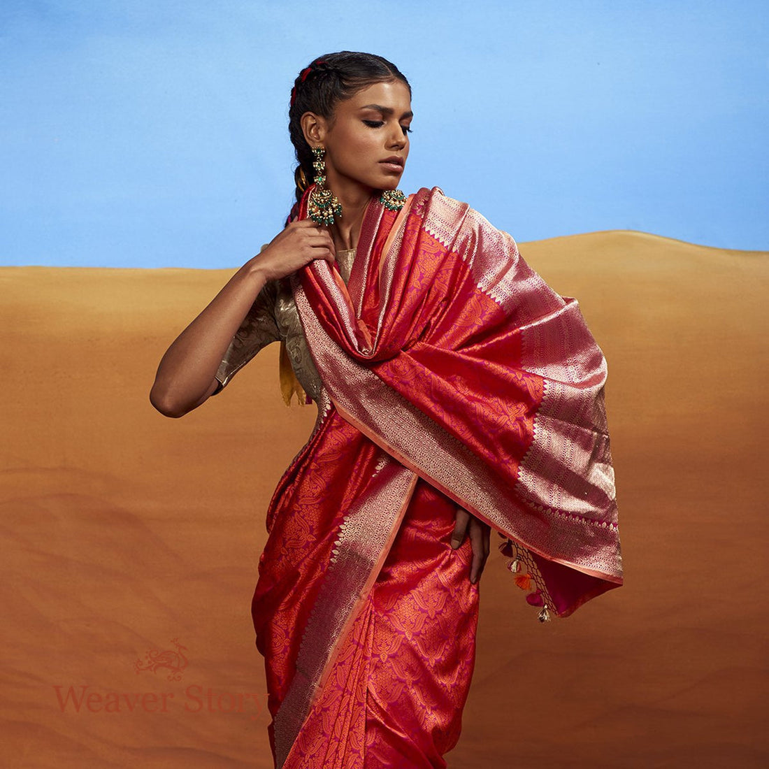 Handwoven_Pink_and_Orange_Tanchoi_with_Floral_Motifs_WeaverStory_01