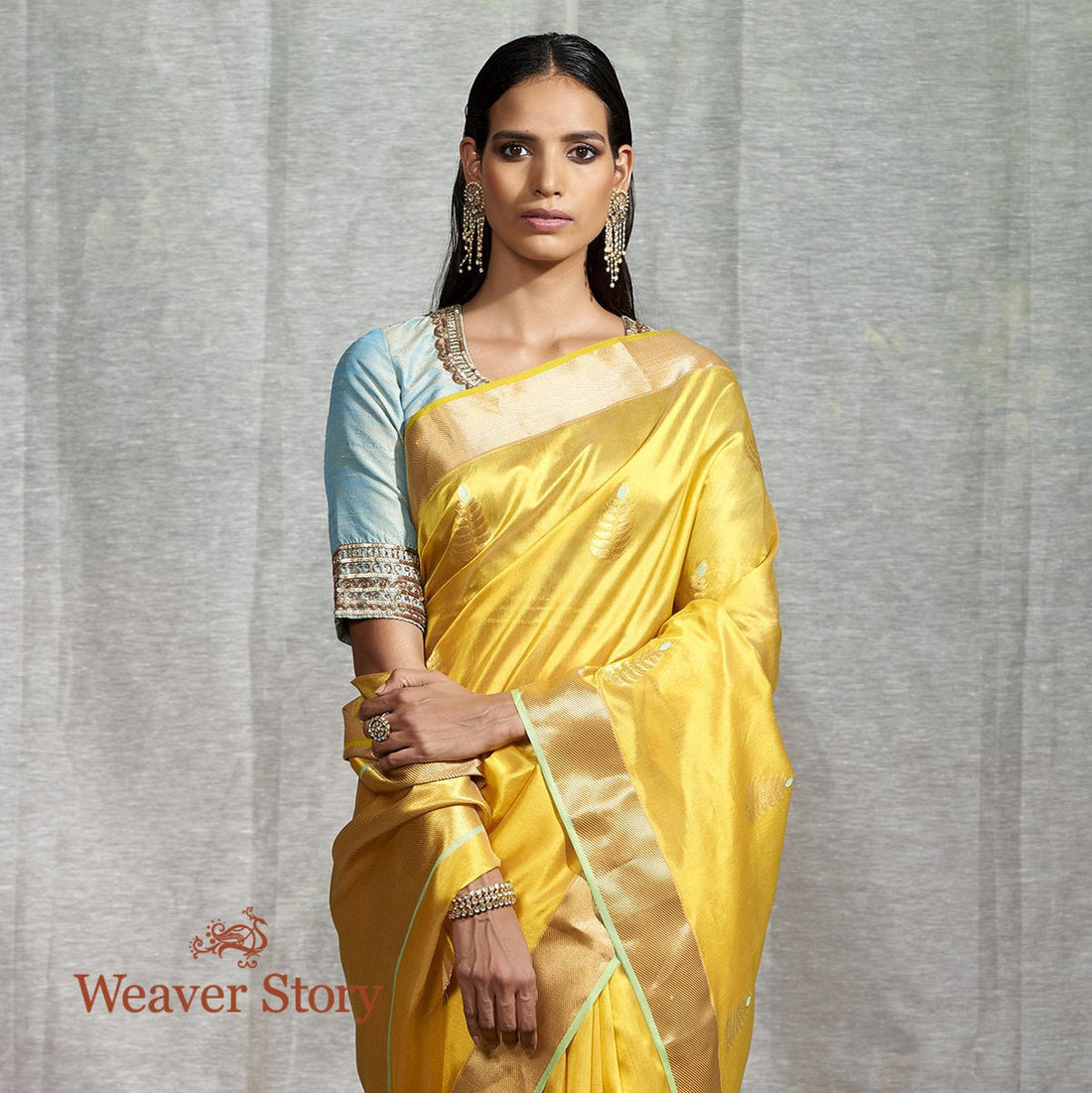 Handwoven_Mustard_Silk_Saree_with_Meena_Boota_and_Green_Selvedge_WeaverStory_01