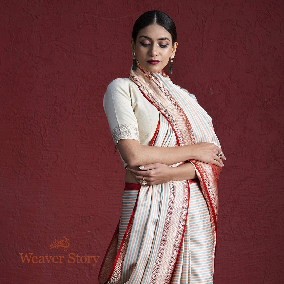 Handwoven_Offwhite_Mashru_Stripes_Saree_with_Red_Border_WeaverStory_01