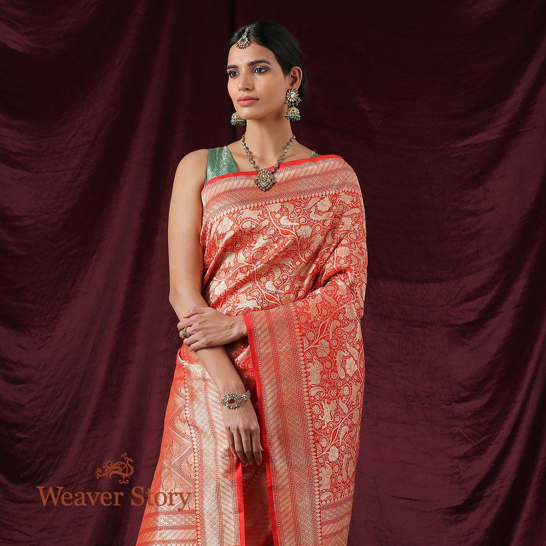 Handwoven_Red_Brocade_Shikargah_Saree_WeaverStory_01
