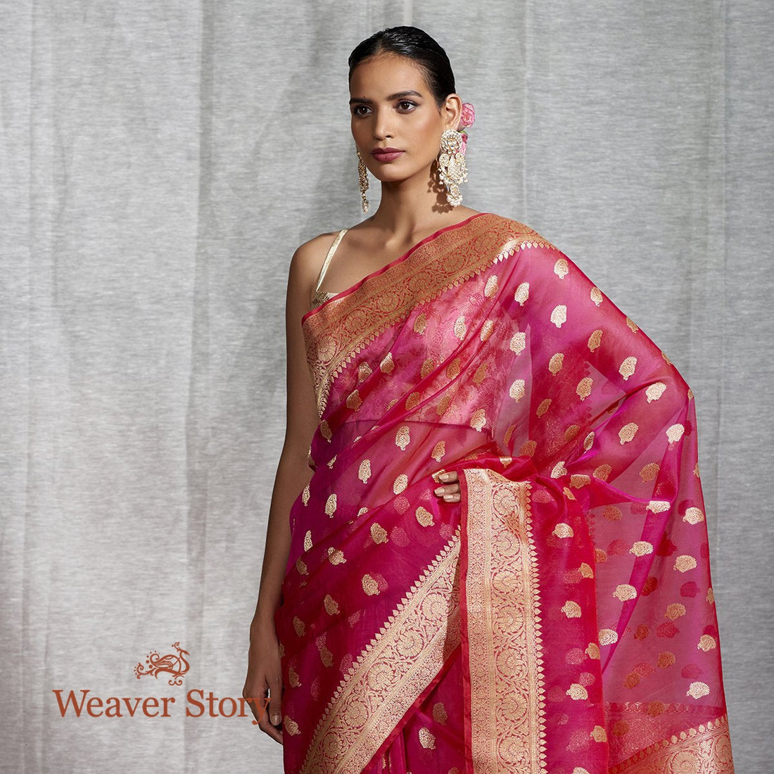 Handwoven_Rani_Pink_Kora_Silk_Banarasi_Saree_WeaverStory_01