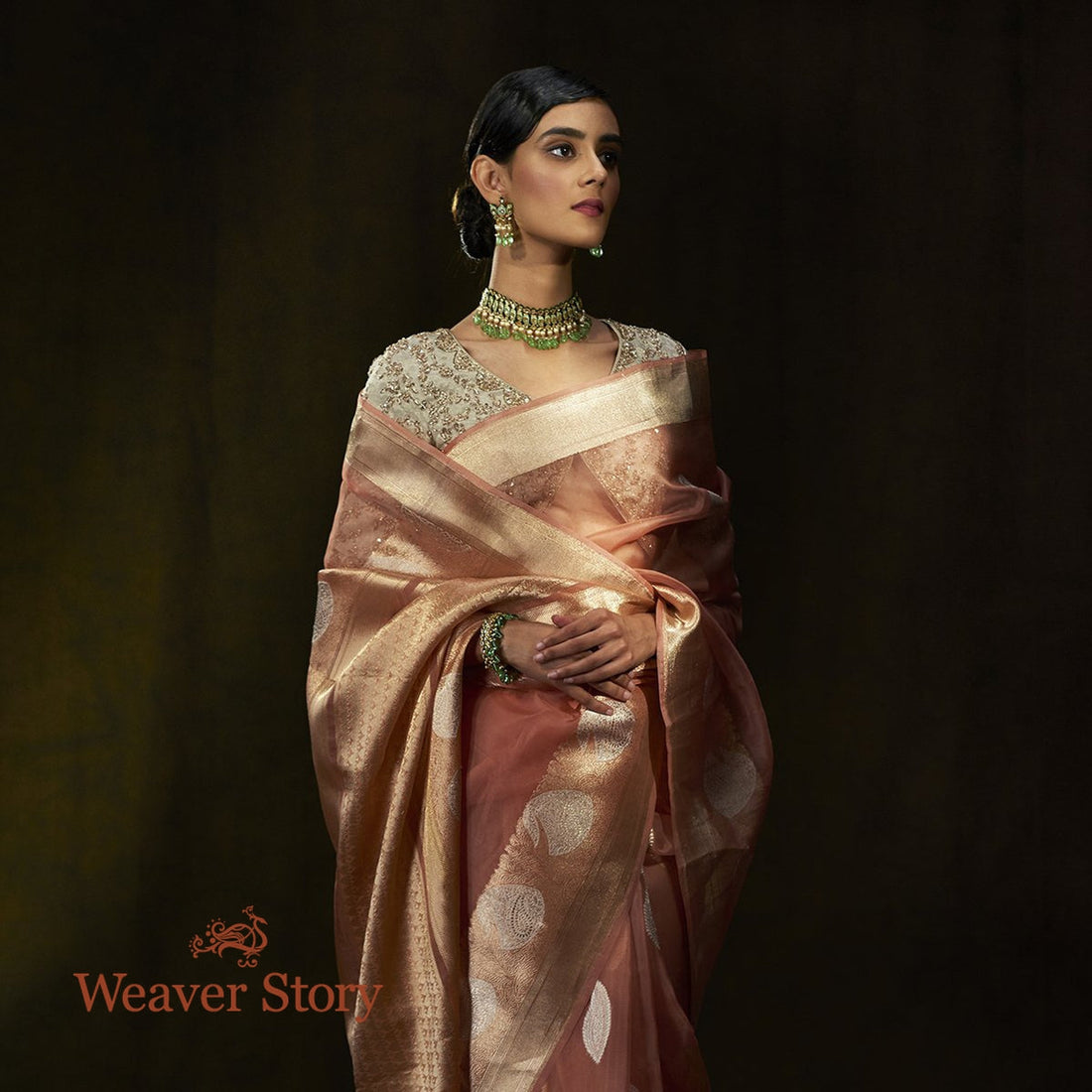 Handloom_Soft_Peach_Kora_Silk_Banarasi_Saree_with_Kadhwa_Weave_WeaverStory_01