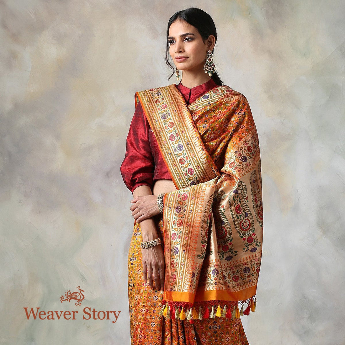 Handwoven_Mustard_Double_Warp_Patola_Saree_with_Meenakari_WeaverStory_01