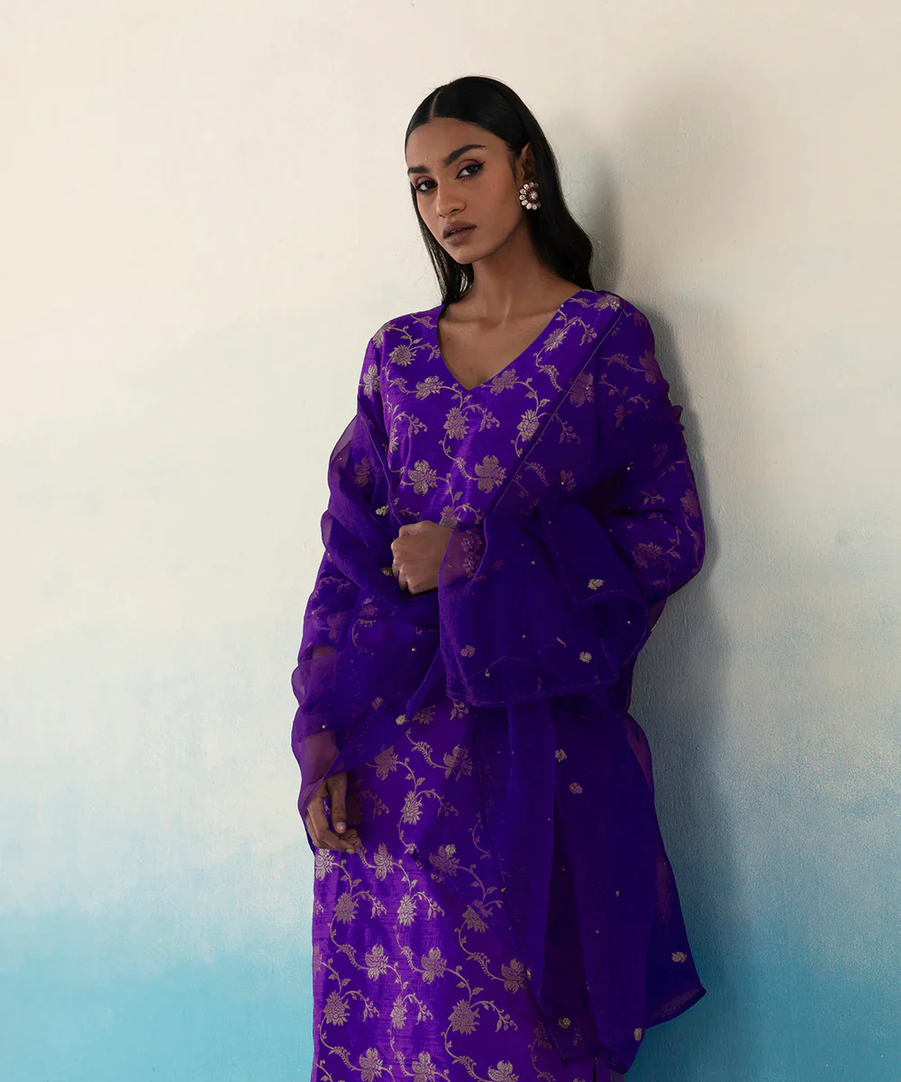 Handloom Purple Jaal Tussar Silk Suit Set With Organza Dupatta