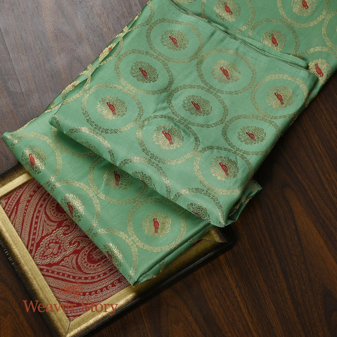 Handloom_Green_Pure_Satin_Fabric_with_Bird_Motifs_WeaverStory_01
