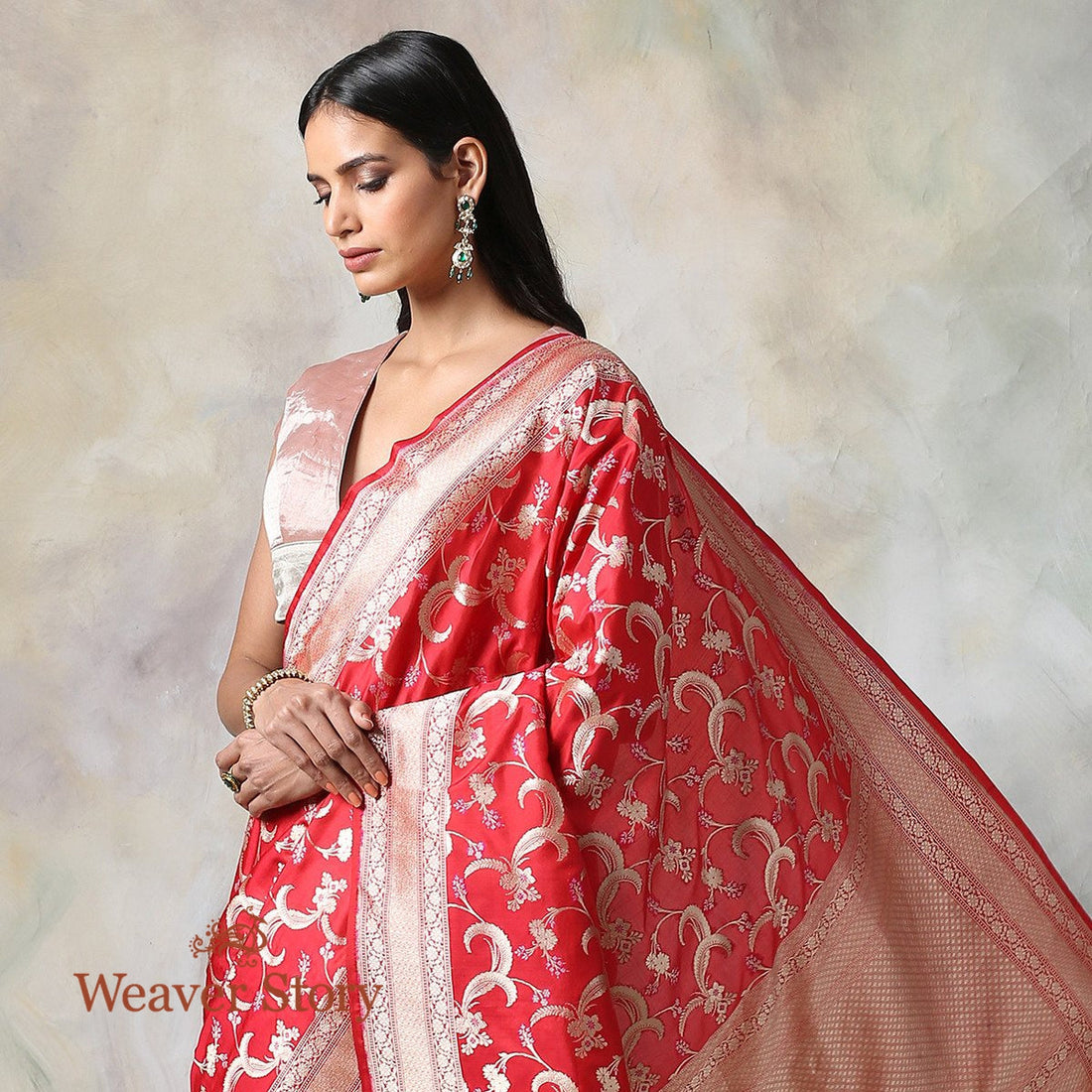 Handwoven_Red_Cutwork_Jangla_Saree_with_Delicate_Meenakari_WeaverStory_01