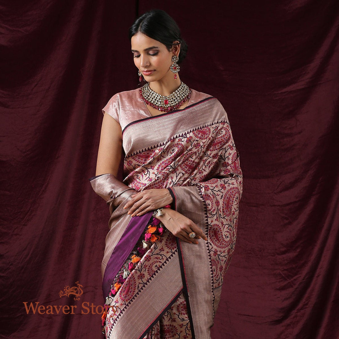 Handwoven_Wine_Antique_Zari_Kimkhab_Saree_WeaverStory_01