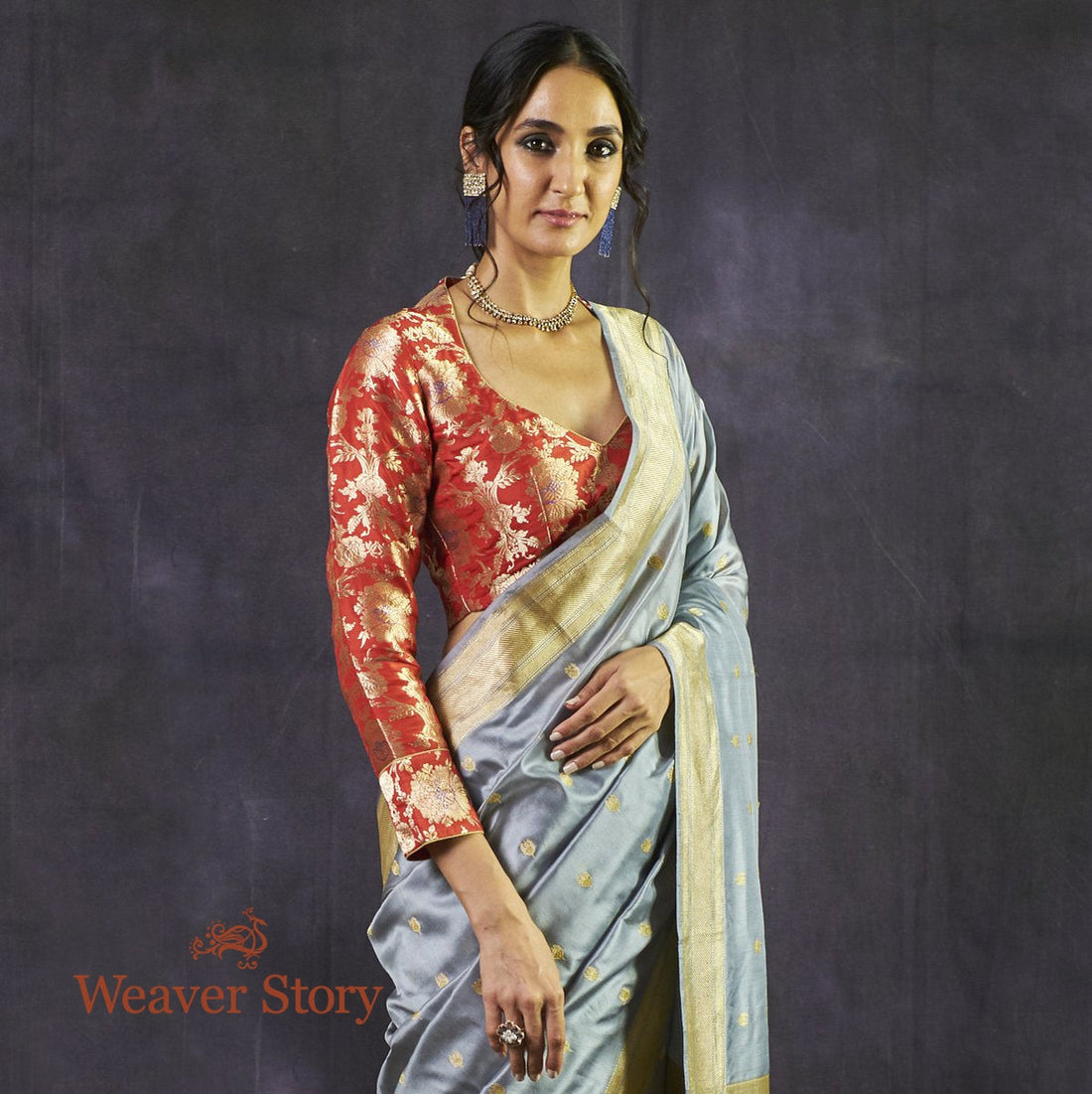 Handloom_Pigeon_Blue_Kadhwa_Boota_Saree_with_Mustard_Meena_WeaverStory_01
