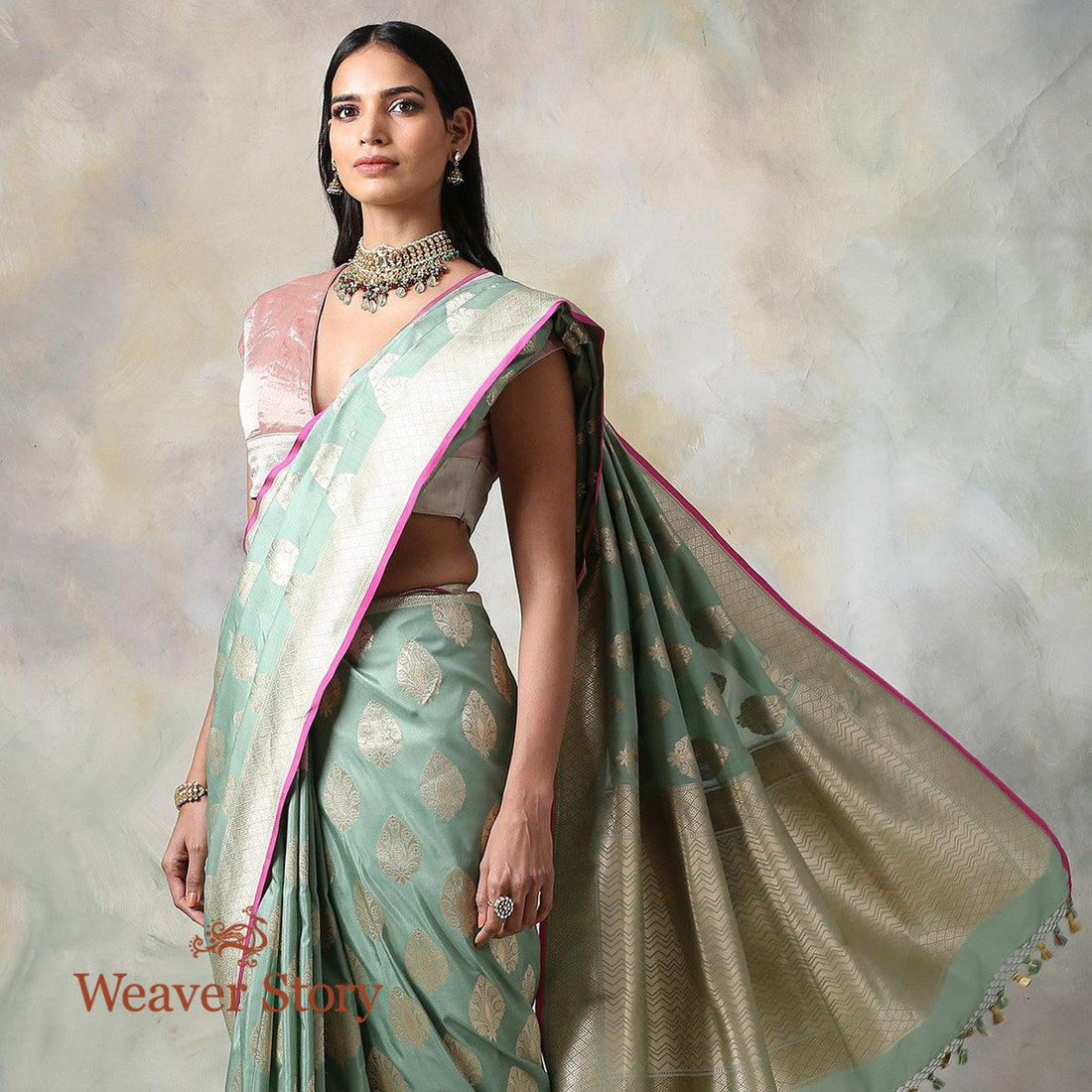 Handwoven_Sage_Green_Cutwork_Banarasi_Saree_WeaverStory_01