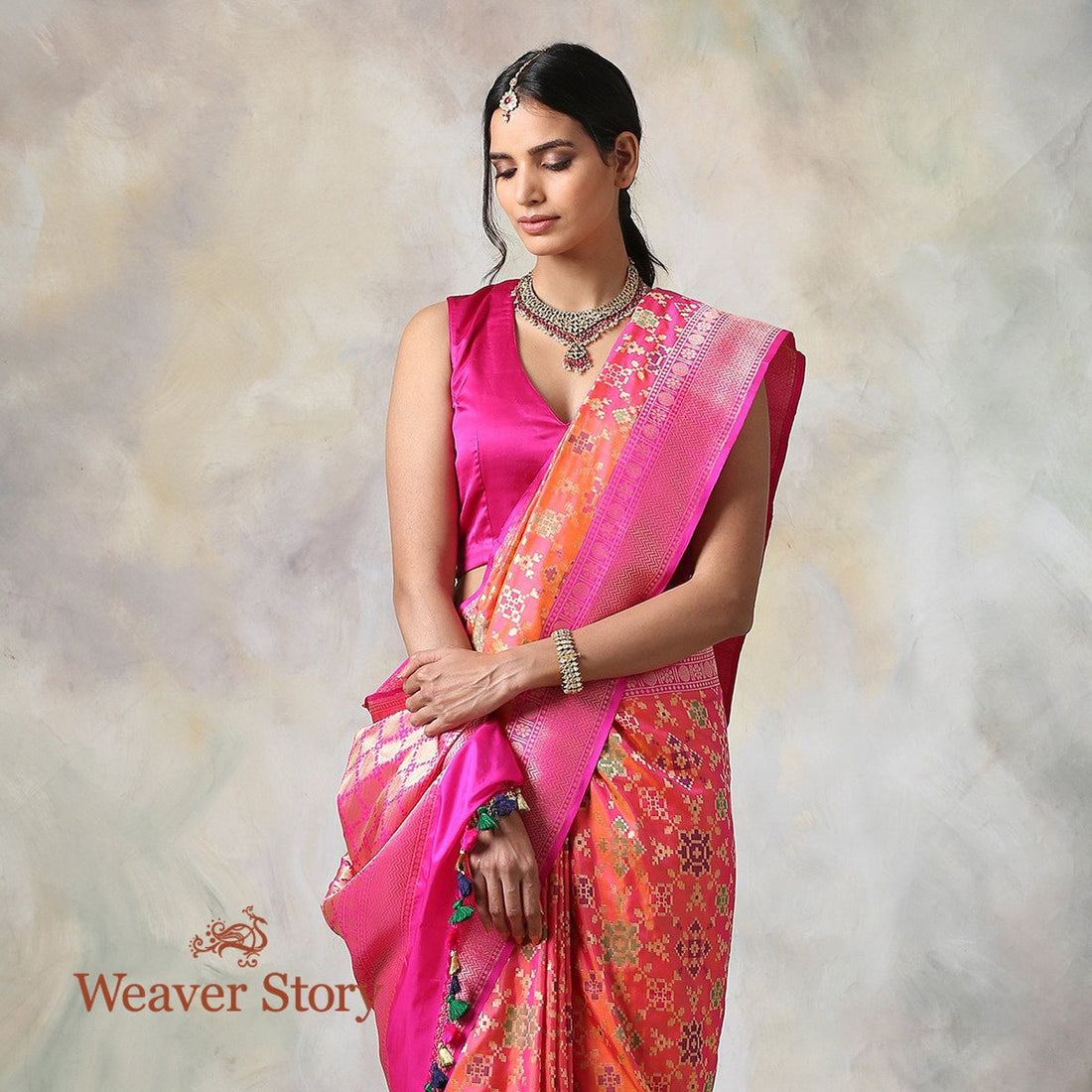 Handloom_Banarasi_Patola_Saree_Orange_with_a_Pink_Border_and_Pallu_WeaverStory_01