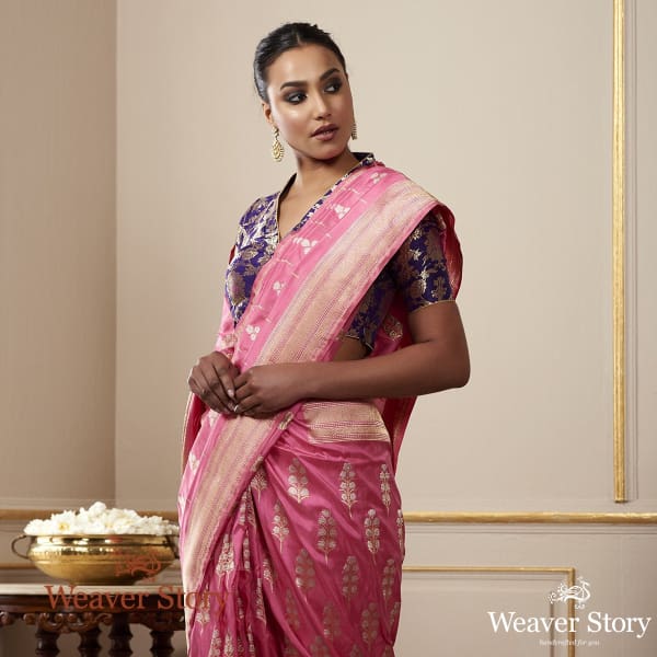 Handwoven_Rose_Pink_Katan_Silk_Banarasi_with_SOna_Rupa_Zari_Boota_WeaverStory_01