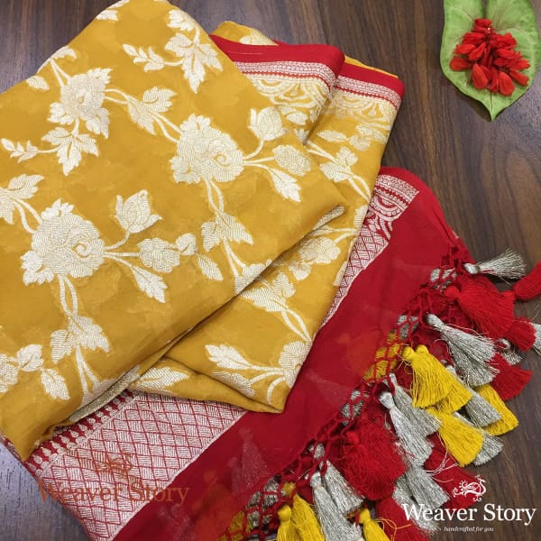 Handwoven_Banarasi_Georgette_Dupatta_in_Mustard_with_Red_Borders_WeaverStory_01