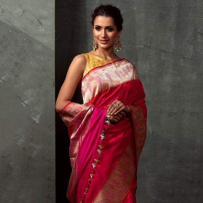 Hot_Pink_Self_Weave_Tanchoi_Saree_with_Gold_and_Silver_Zari_Paisleys_on_the_Border_WeaverStory_01