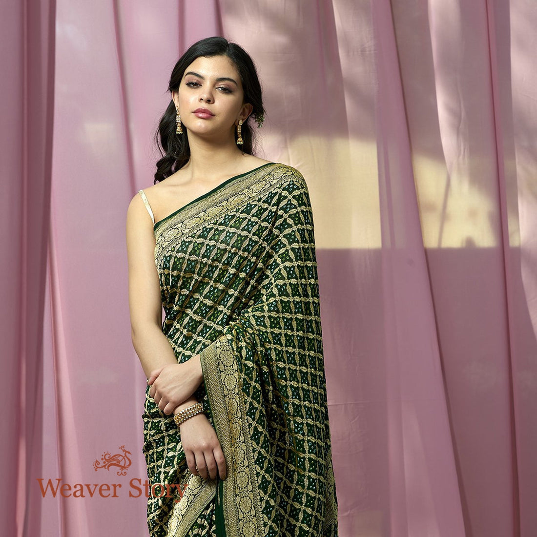 Handwoven_Bottle_Green_Banarasi_Bandhej_Saree_WeaverStory_01