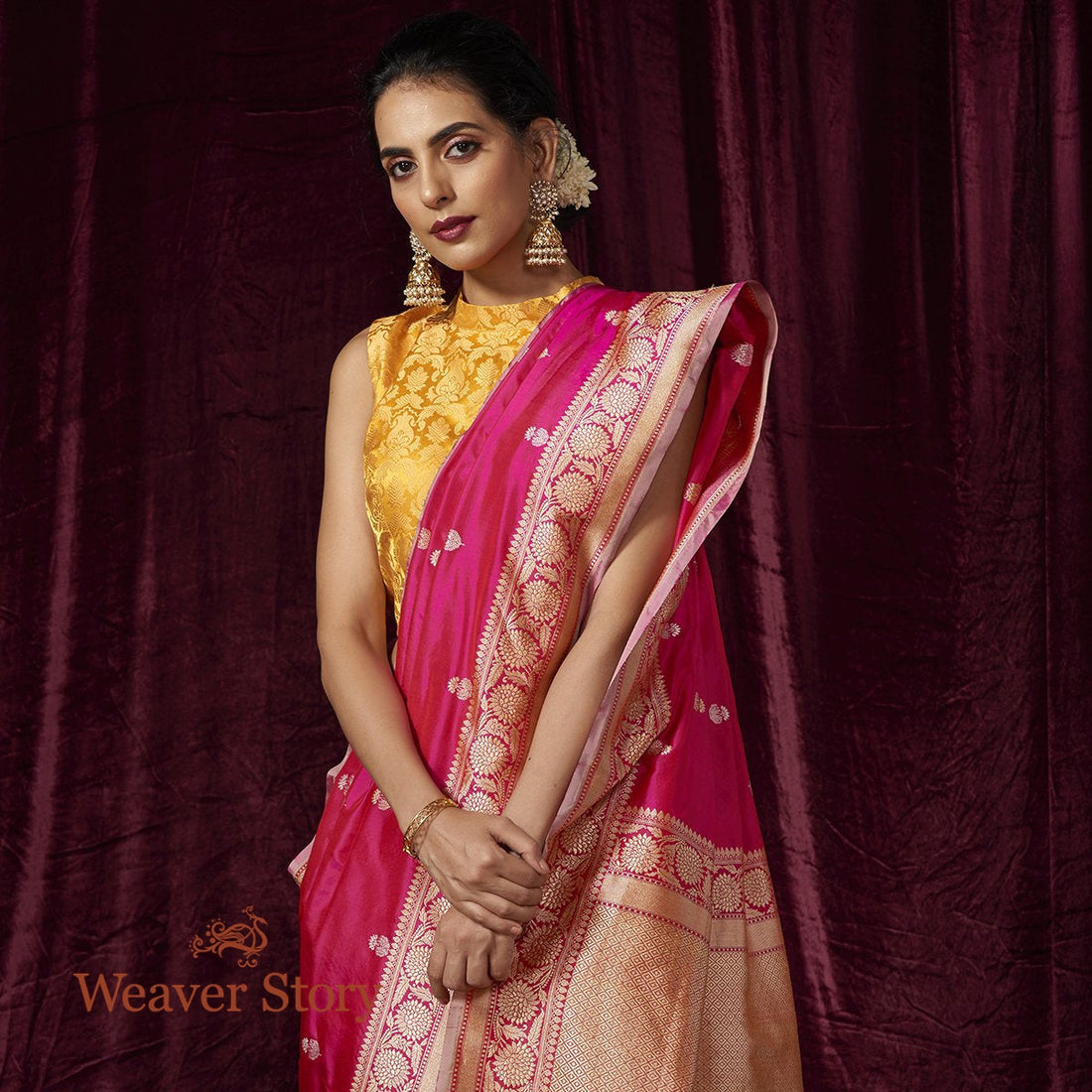 Handwoven_Pink_Katan_Silk_Saree_with_Kadhwa_Booti_WeaverStory_01