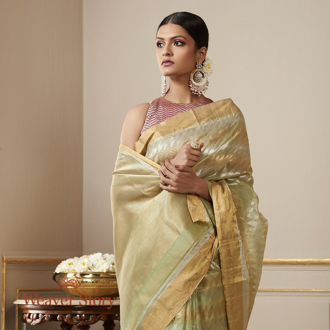 Handloom_Pistachio_Green_Chevron_Chanderi_Saree_WeaverStory_01
