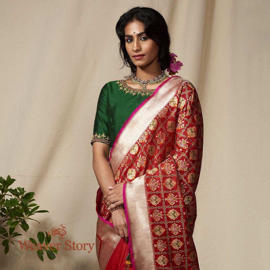 Handloom_Red_Meenakari_Banarasi_Patola_Saree_with_Pink_Selvedge_WeaverStory_01