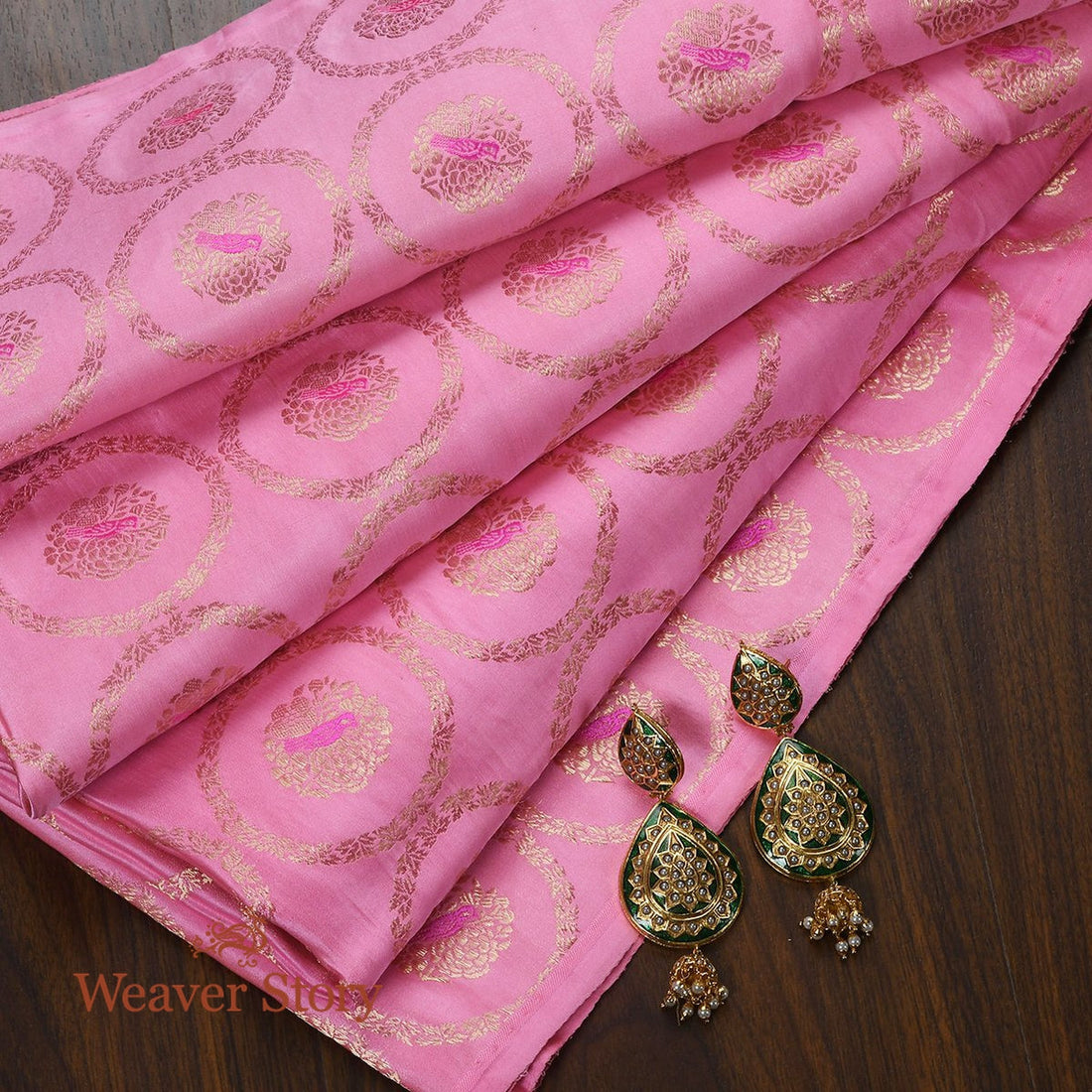Handloom_Pink_Pure_Satin_Fabric_with_Bird_Motifs_WeaverStory_01